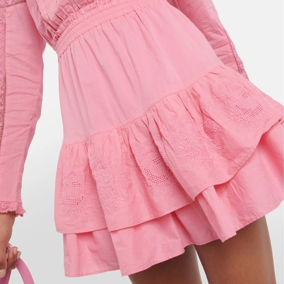 LoveShackFancy Sanaya Dress XL Vivid Pink Long‎ Sleeve Ruffle Tiered Lace Trim - Picture 4 of 16
